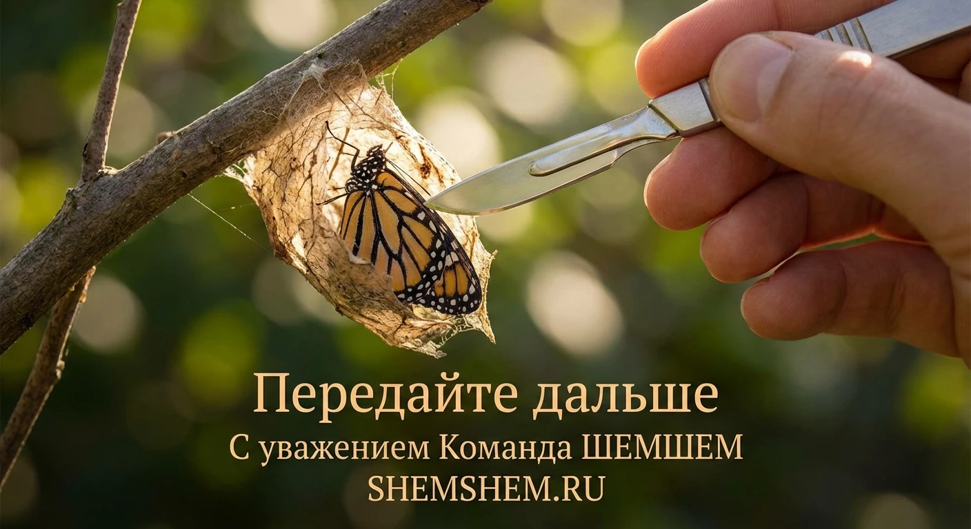 Нож надрезает кокон бабочки в саду