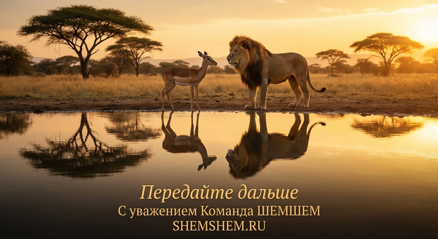 Лев и олень ведут мирный диалог у водопоя в лучах закатного солнца