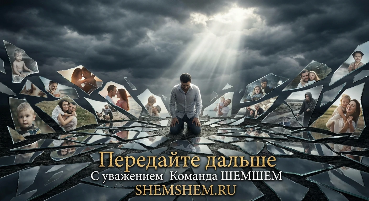 Человек в поле из осколков зеркал под грозовым небом