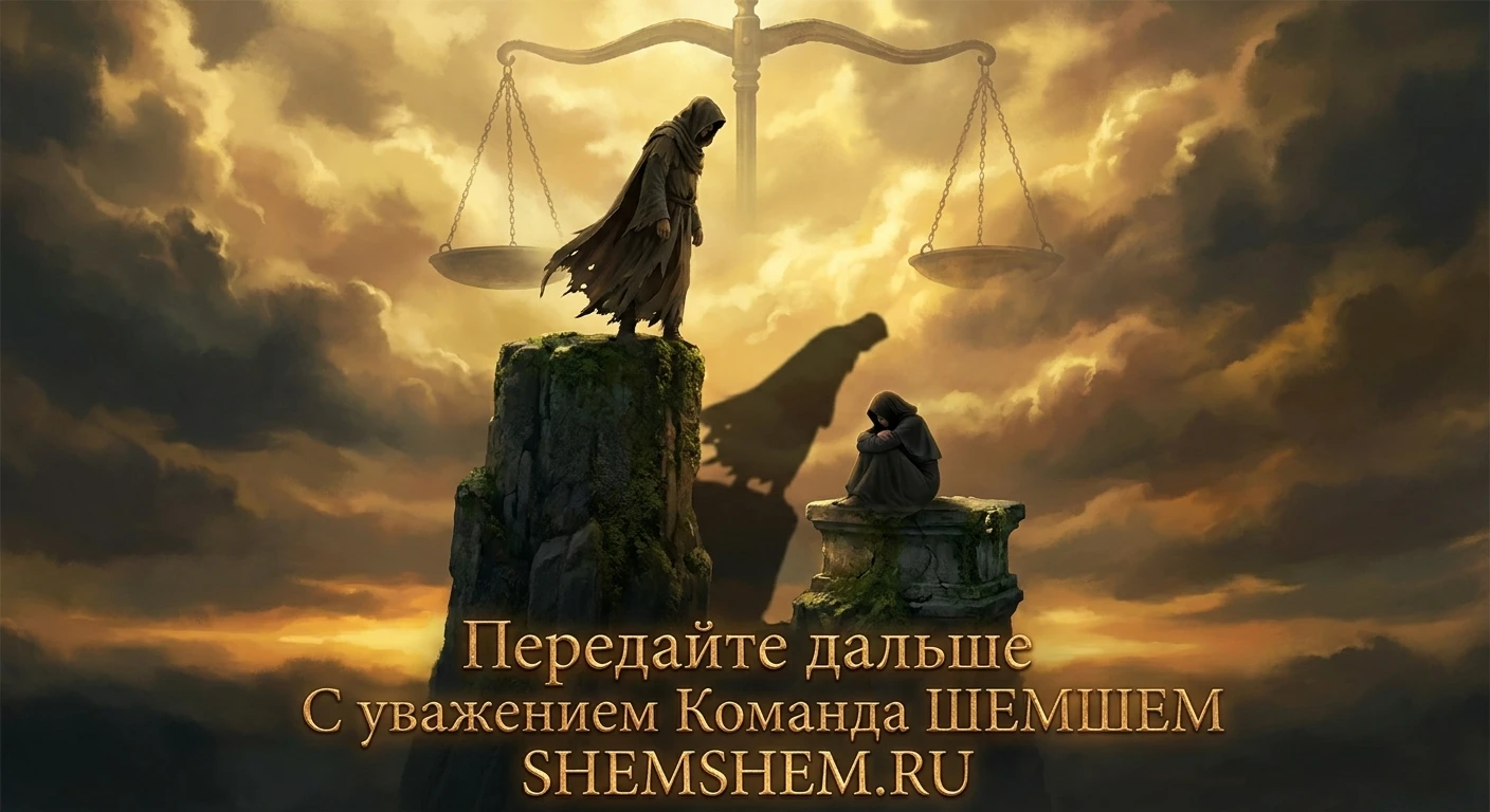 Символические весы над двумя людьми на разной высоте, напоминающие о переменчивости судьбы