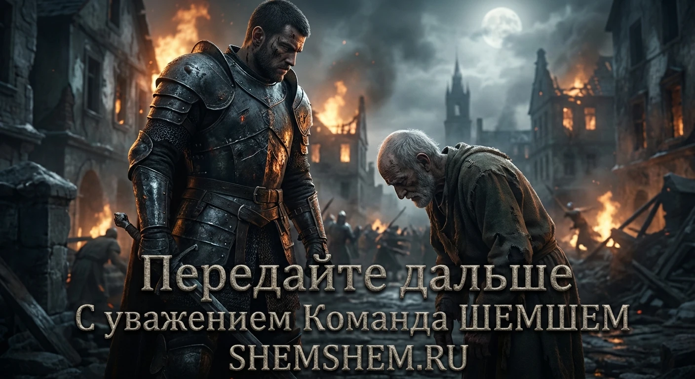 Тиран в доспехах смотрит на смиренного старика на фоне горящего города