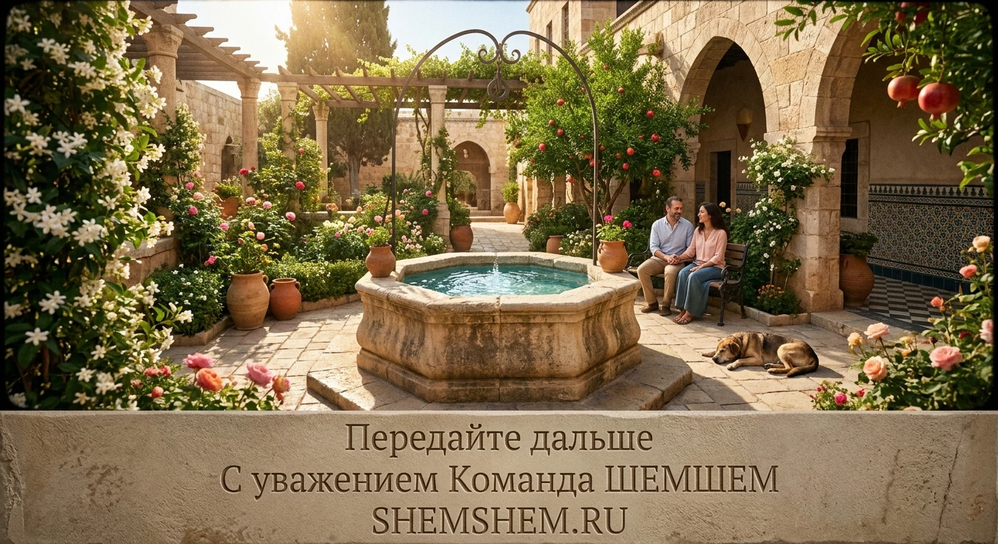 Чистый каменный колодец в цветущем семейном саду