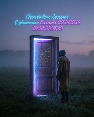 Дверь в тумане с холодным светом внутри