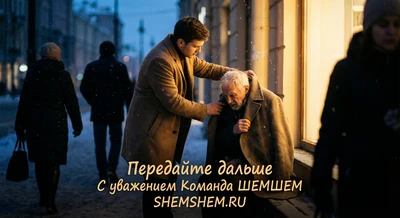 Молодой человек укрывает плащом замёрзшего старика зимой