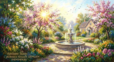 Цветущий сад с фонтаном и птицами