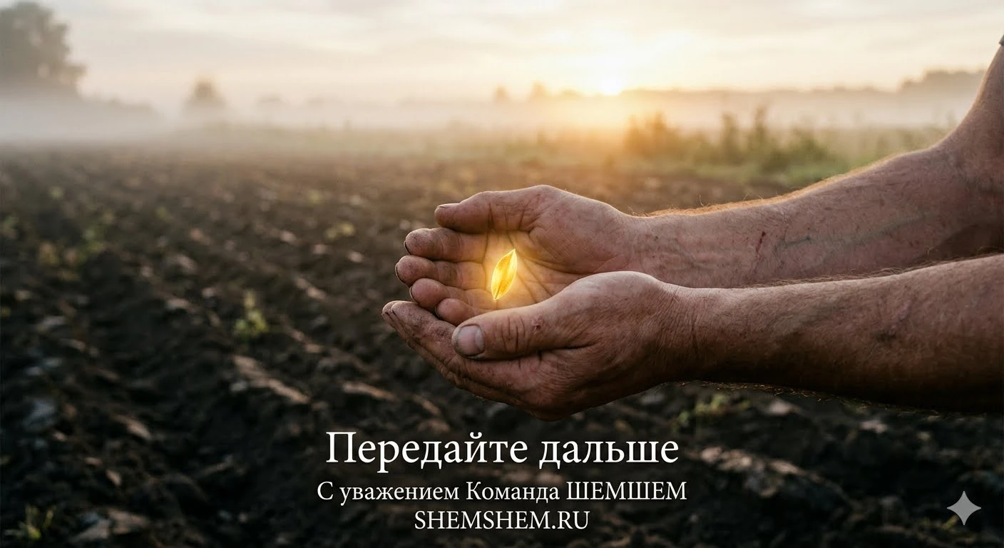 Бережные руки держат светящееся золотое зерно над вспаханной землей в туманное утро