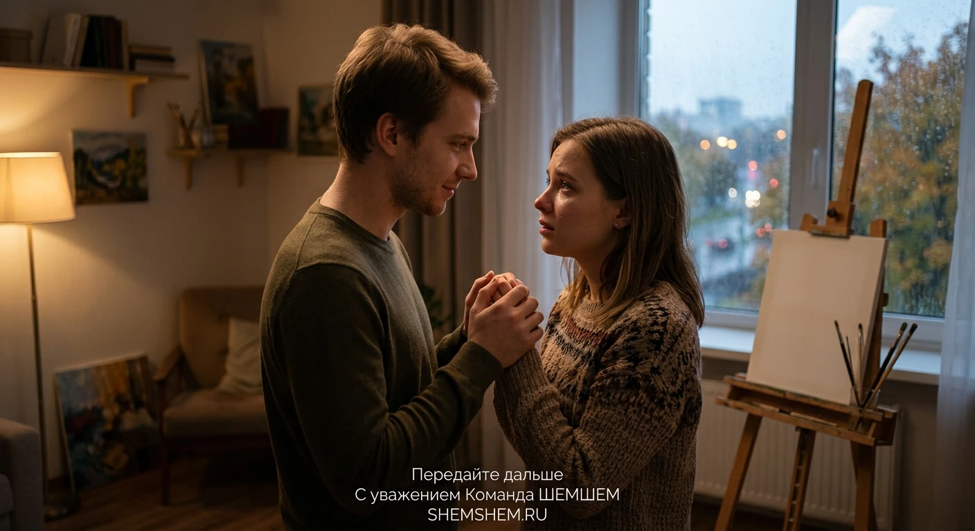 Молодой мужчина с заботой держит за руки девушку, которая смотрит на него с растерянностью, на заднем плане у окна с каплями дождя стоит чистый холст на мольберте