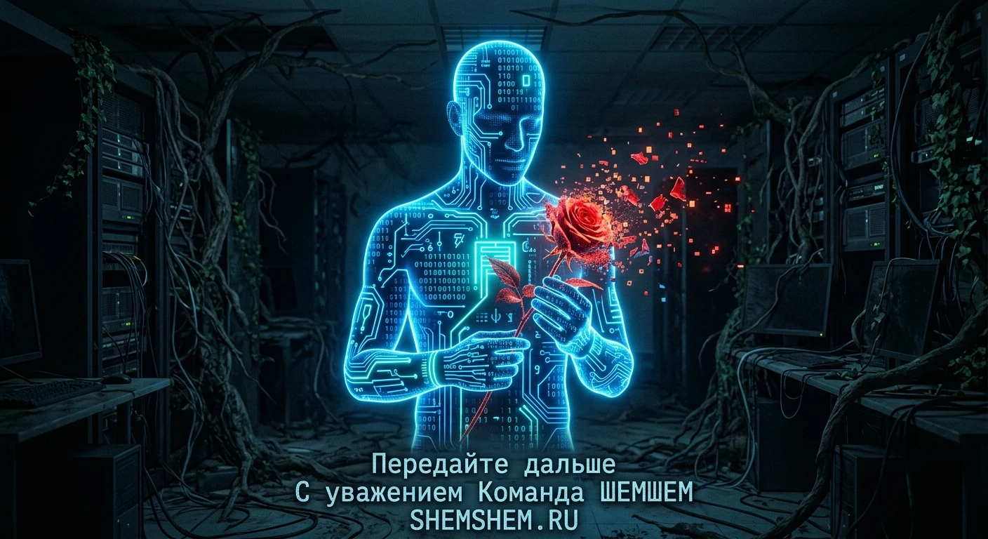 Цифровой силуэт человека из сияющих неоновых линий кода держит в руках хрупкую красную розу, которая распадается на пиксели в темной футуристичной лаборатории