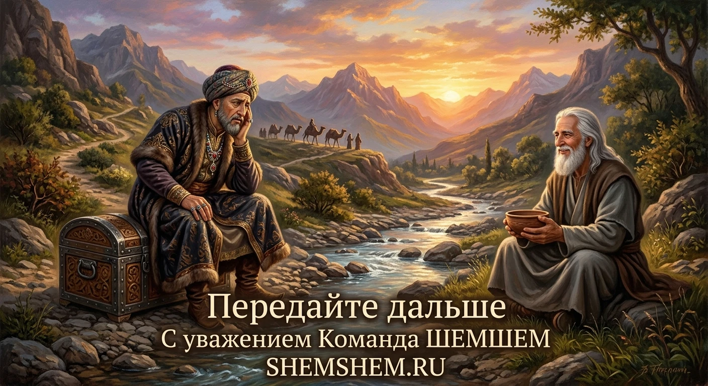 Богатый купец на сундуке с золотом и бедный мудрец с глиняной чашей беседуют у горного ручья на фоне заката