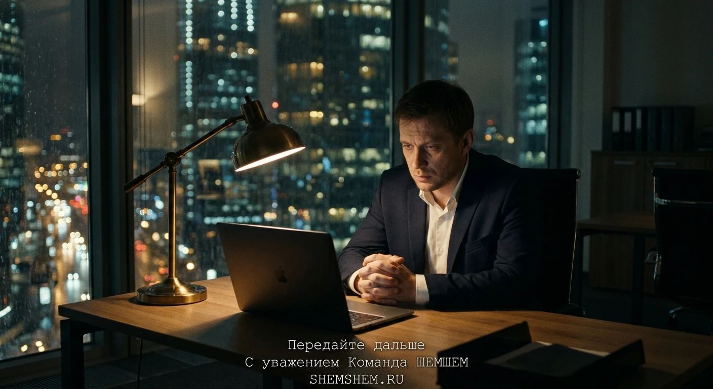 Мужчина в костюме сидит за столом в пустом ночном офисе у окна