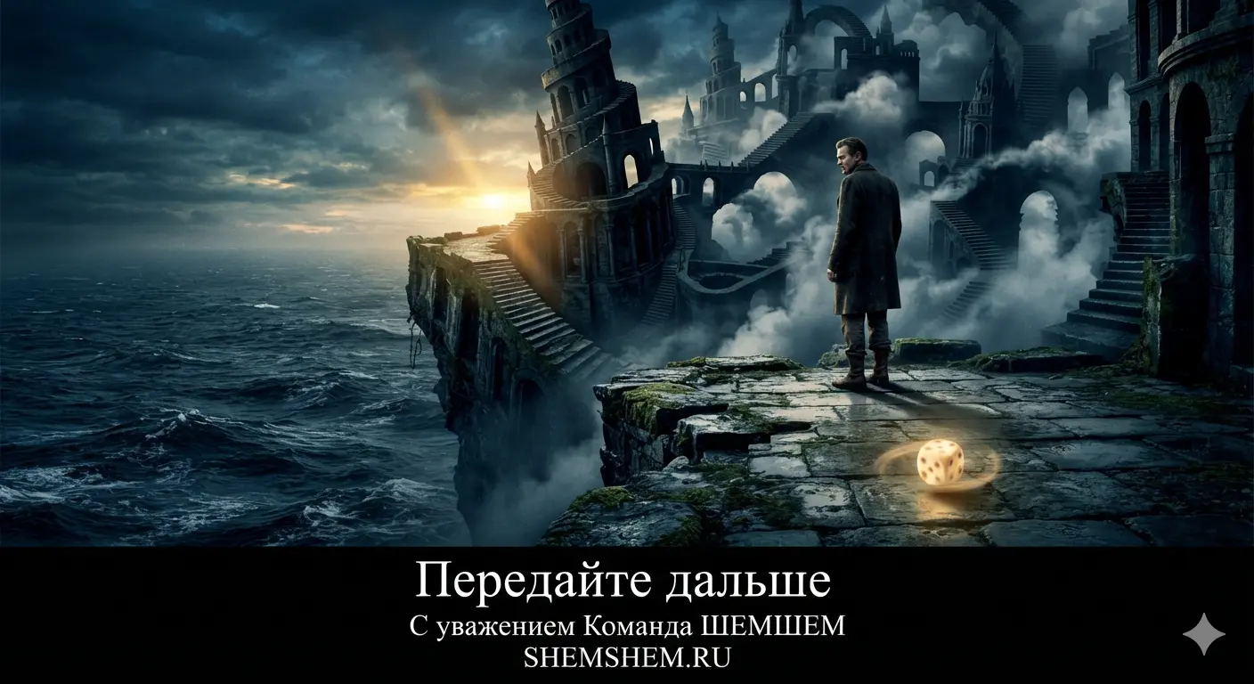 Сюрреалистичный замок над океаном с крутящейся игральной костью на переднем плане