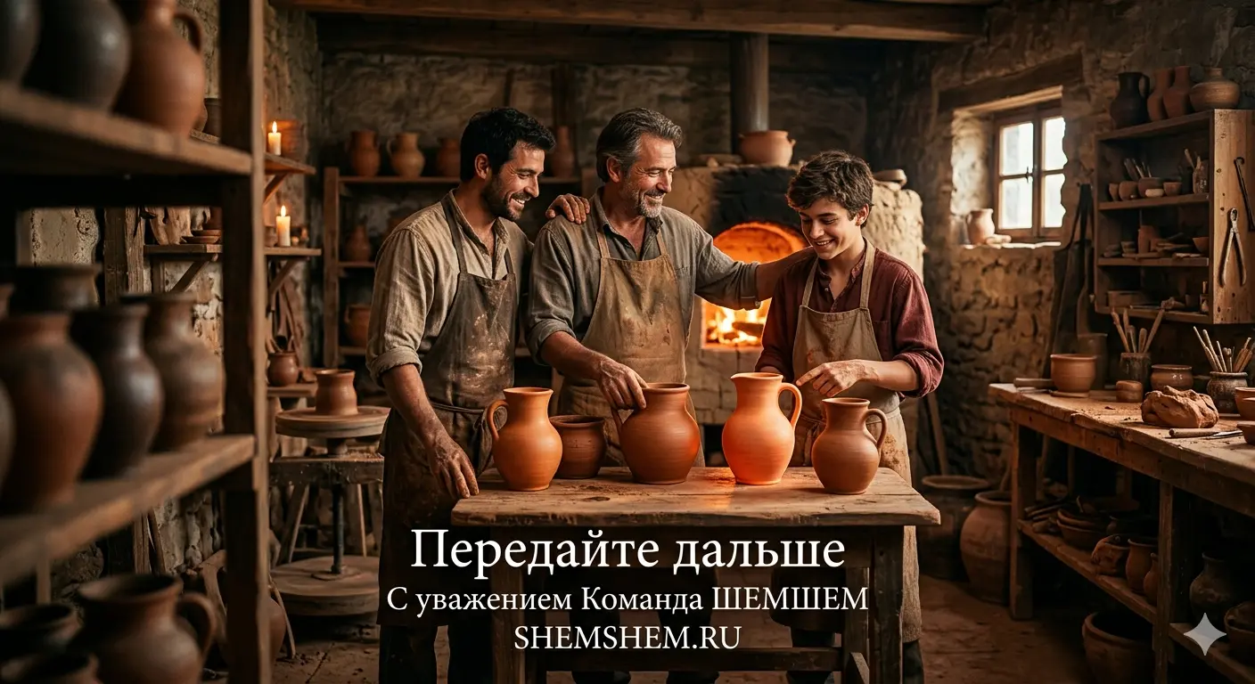 Вдохновляющий концепт-арт в теплой цветовой гамме: в аутентичной старинной гончарной мастерской трое улыбающихся братьев в фартуках сплоченно стоят у деревянного стола и с гордостью рассматривают безупречные глиняные кувшины, только что извлеченные из светящейся печи на заднем плане