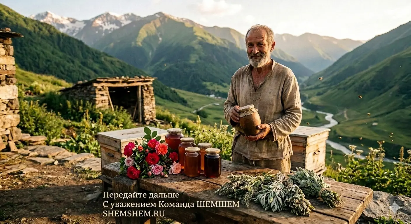 Старый пасечник у деревянного стола с медом, розами и горькими травами на фоне величественных гор