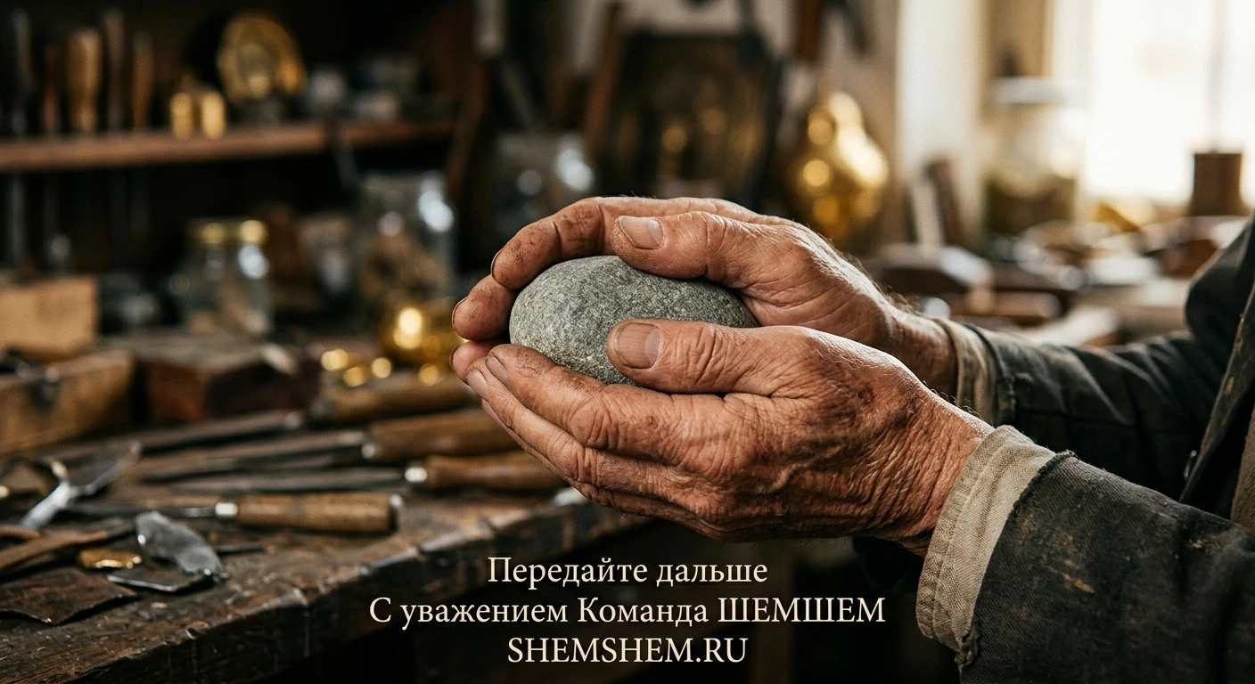 Руки мудрого мастера, бережно держащие простой камень, как символ поиска скрытой внутренней красоты