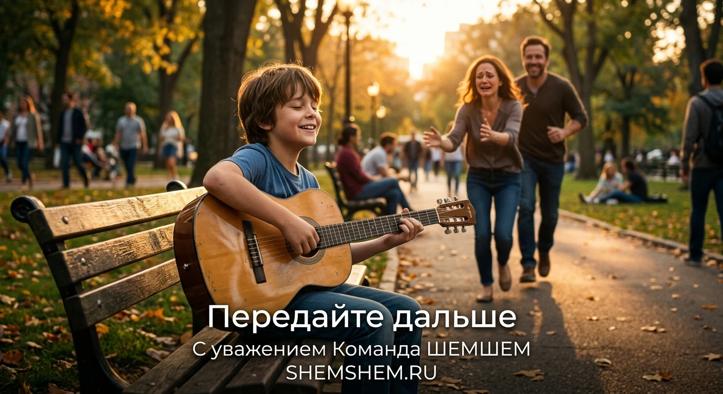 Мальчик с закрытыми глазами вдохновенно играет на гитаре в залитом солнцем парке, а на заднем плане к нему сквозь золотой свет бегут мужчина и женщина