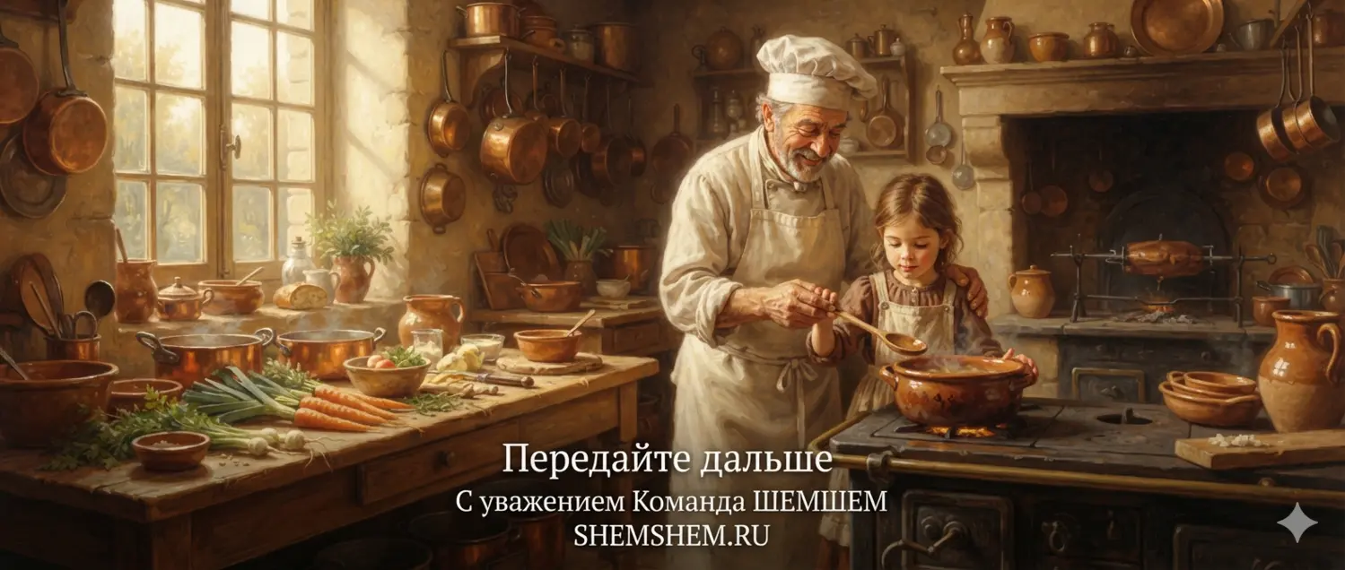 Уютная старинная кухня в золотом солнечном свете, где пожилой мастер-повар передает кулинарные секреты маленькой девочке-ученице