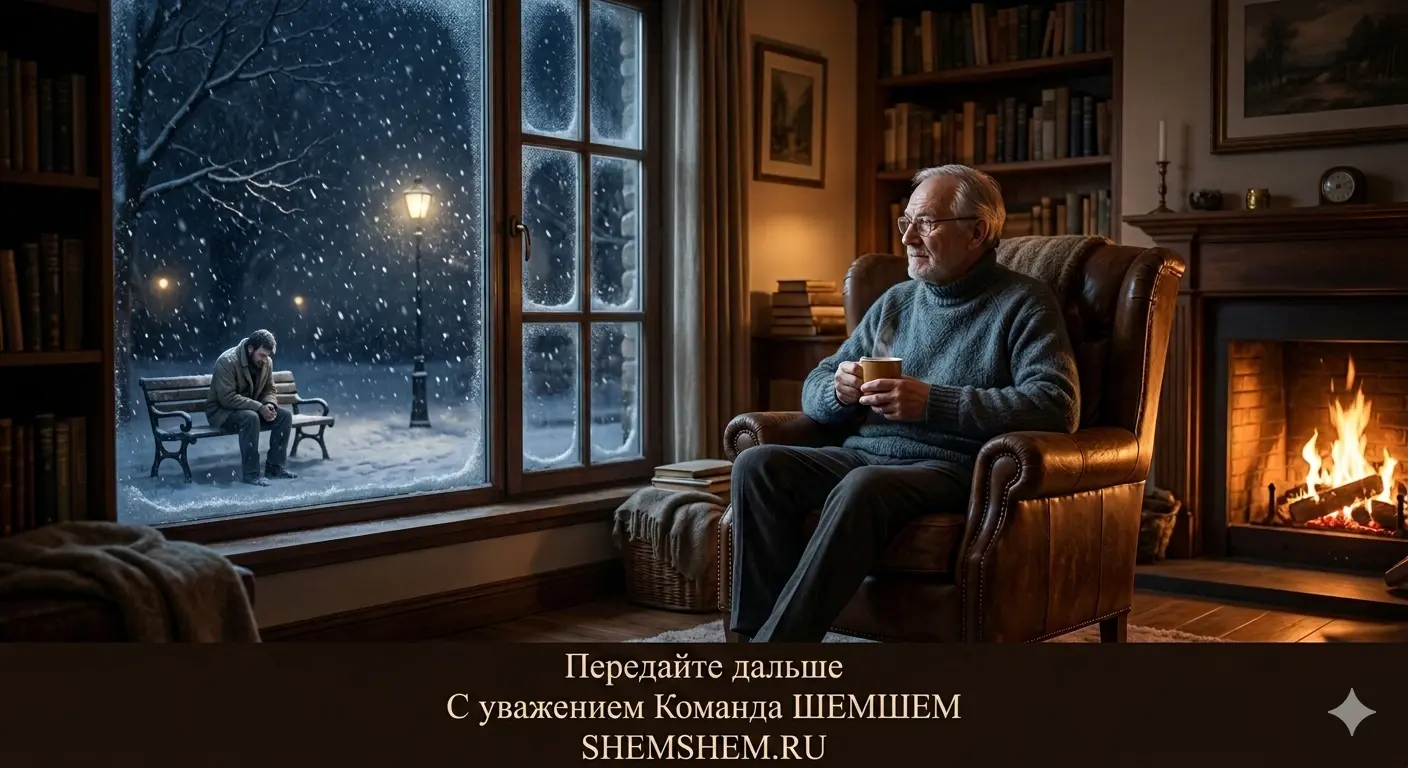 Мудрая притча о сострадании и помощи людям. Пожилой мужчина в теплом доме у камина и путник на зимней улице за окном
