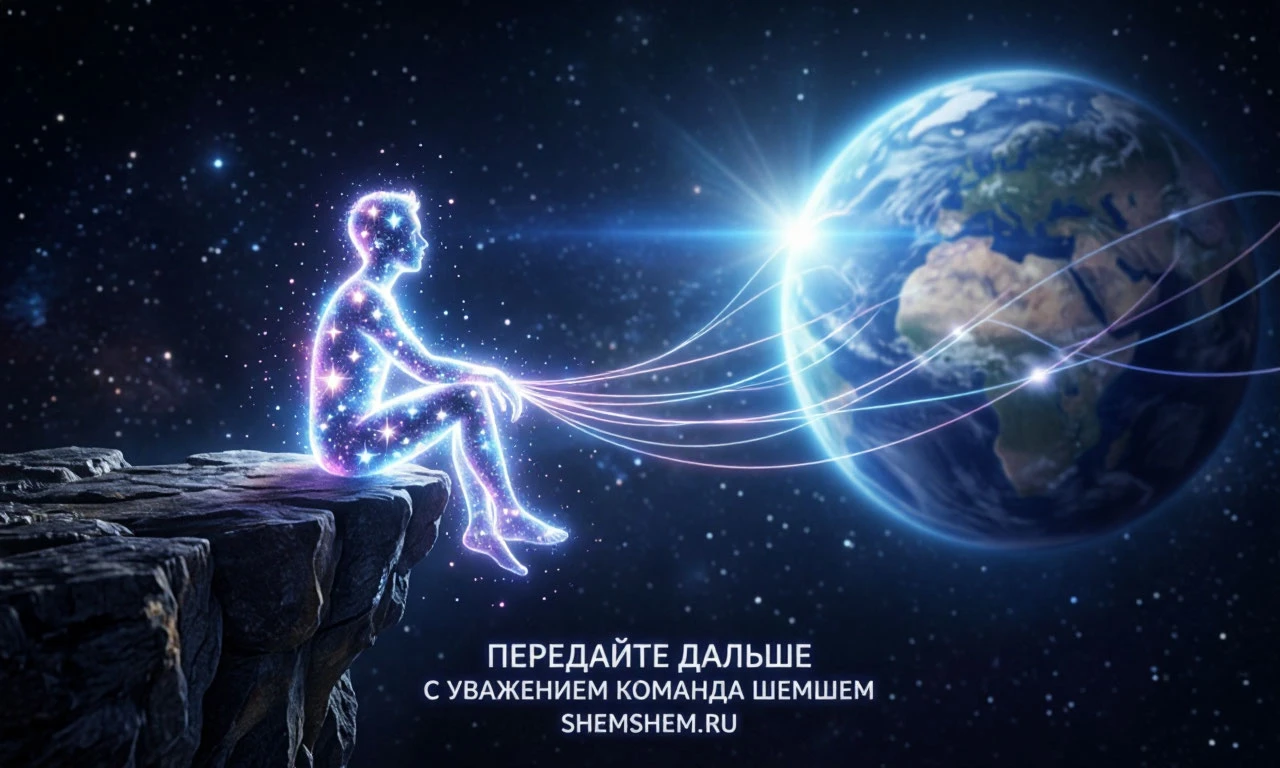 Космический пейзаж, где светящийся силуэт человека ведет безмолвный диалог с величественной планетой Земля
