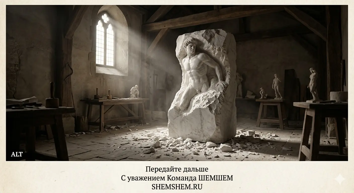 Скульптура человека, проступающая из глыбы мрамора в мастерской