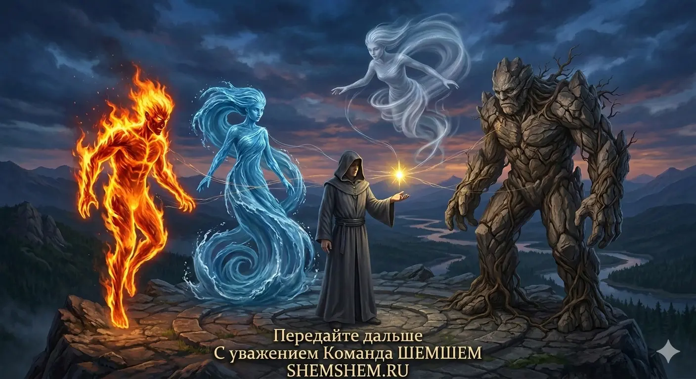 Четыре духа стихий окружают Наблюдателя в сером плаще, который держит на ладони светящуюся золотую искру человеческого сознания