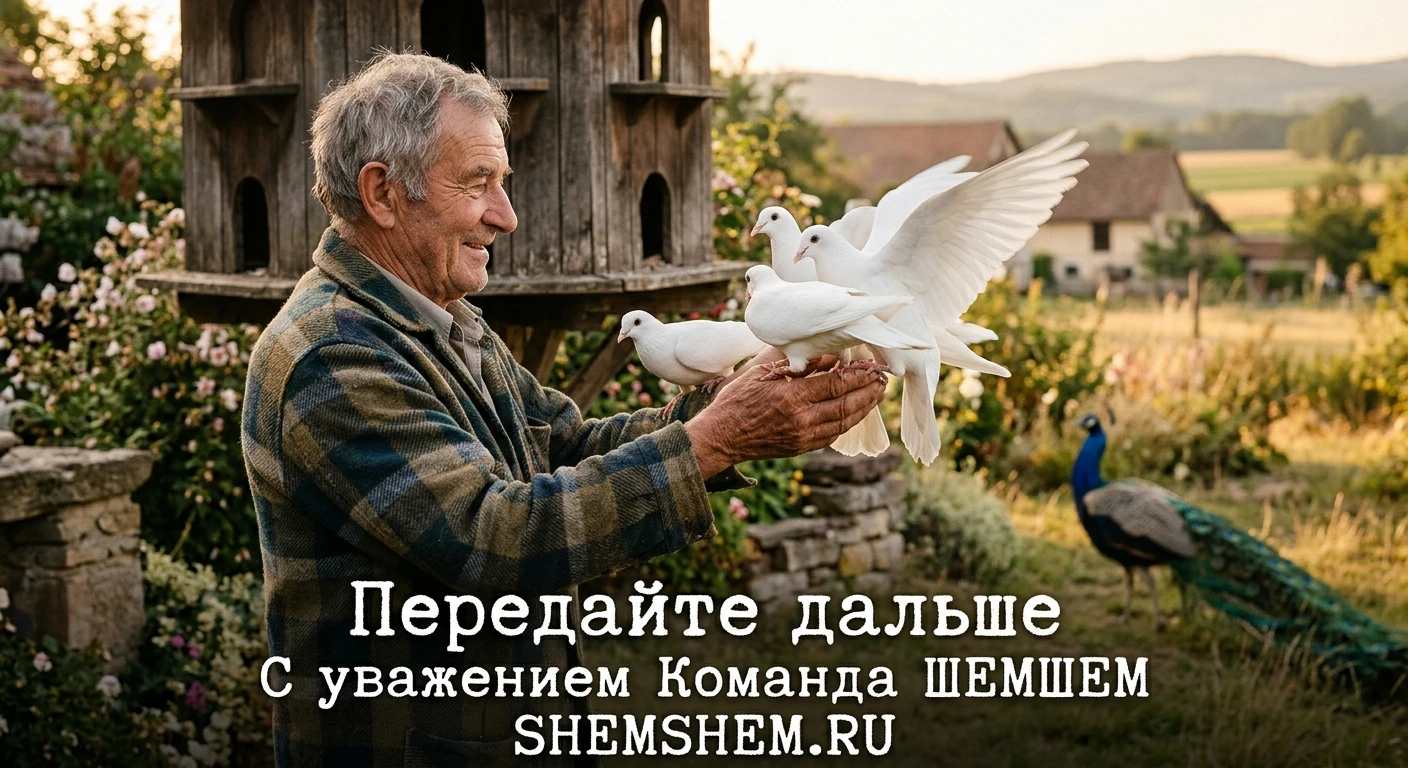 Мужчина стоит у старой деревянной голубятни в лучах заходящего солнца, на его ладони садятся белые голуби