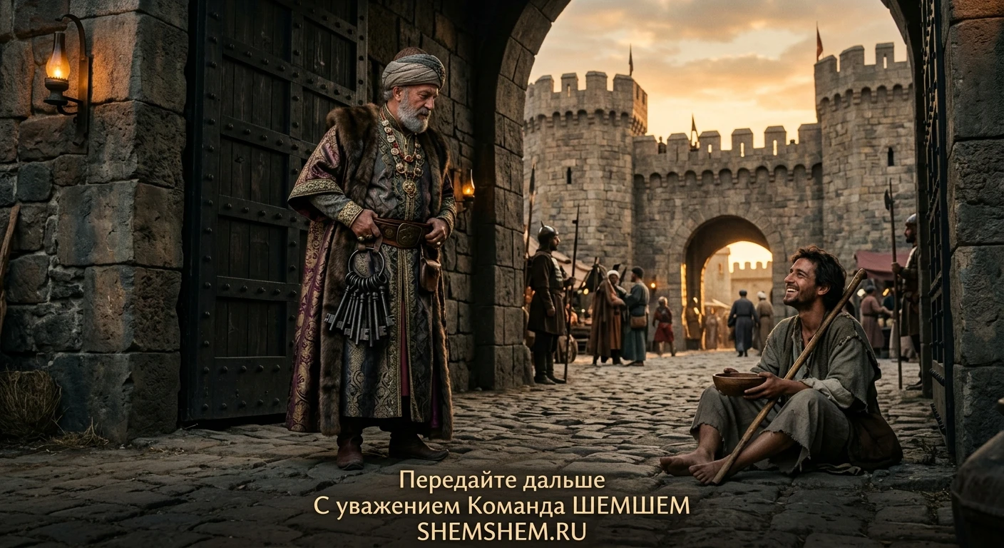 Реалистичное изображение купца в богатых одеждах с тяжелой связкой ключей на поясе у ворот своего замка и сидящего перед ним бедного дервиша