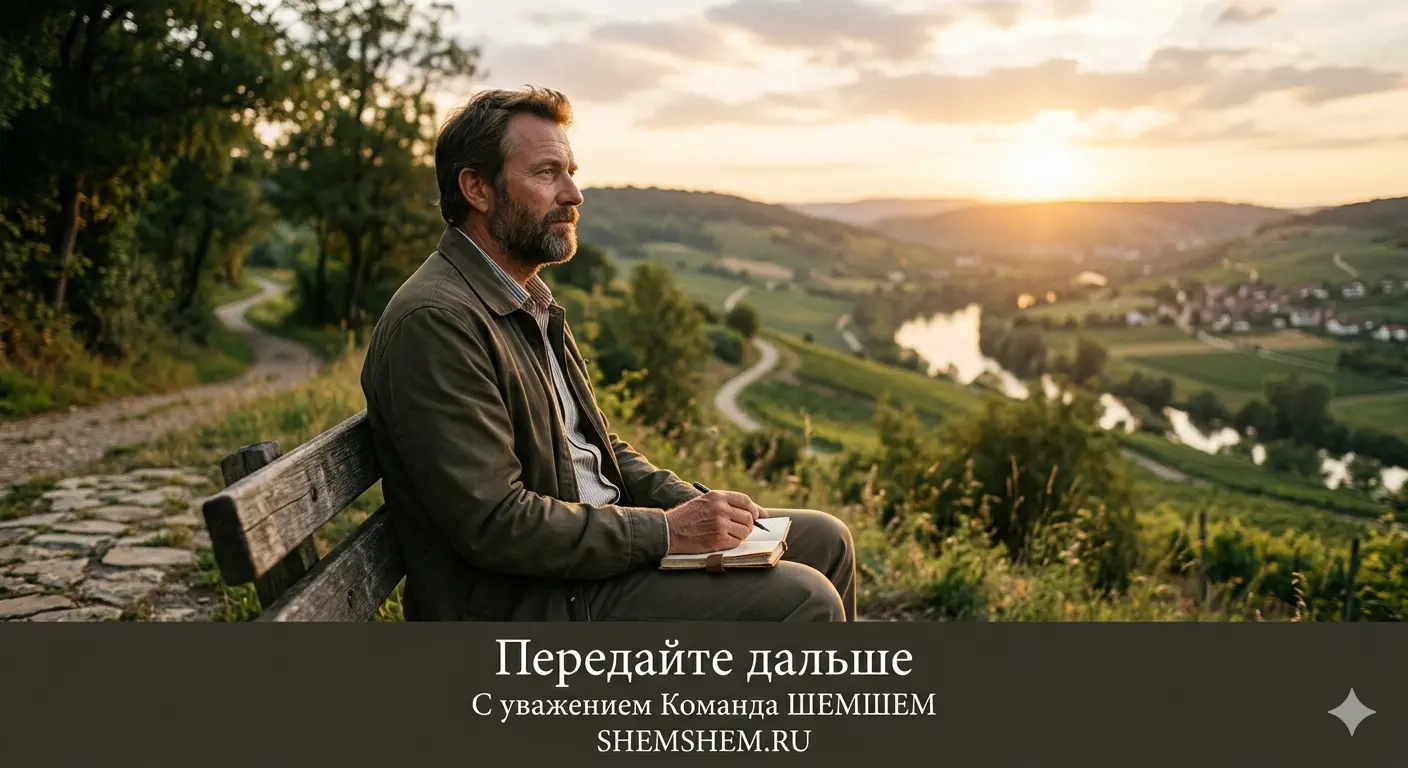 Мудрый мужчина зрелых лет сидит на деревянной скамье на холме на фоне живописного заката и реки, держа в руках блокнот для записей и погрузившись в глубокие размышления