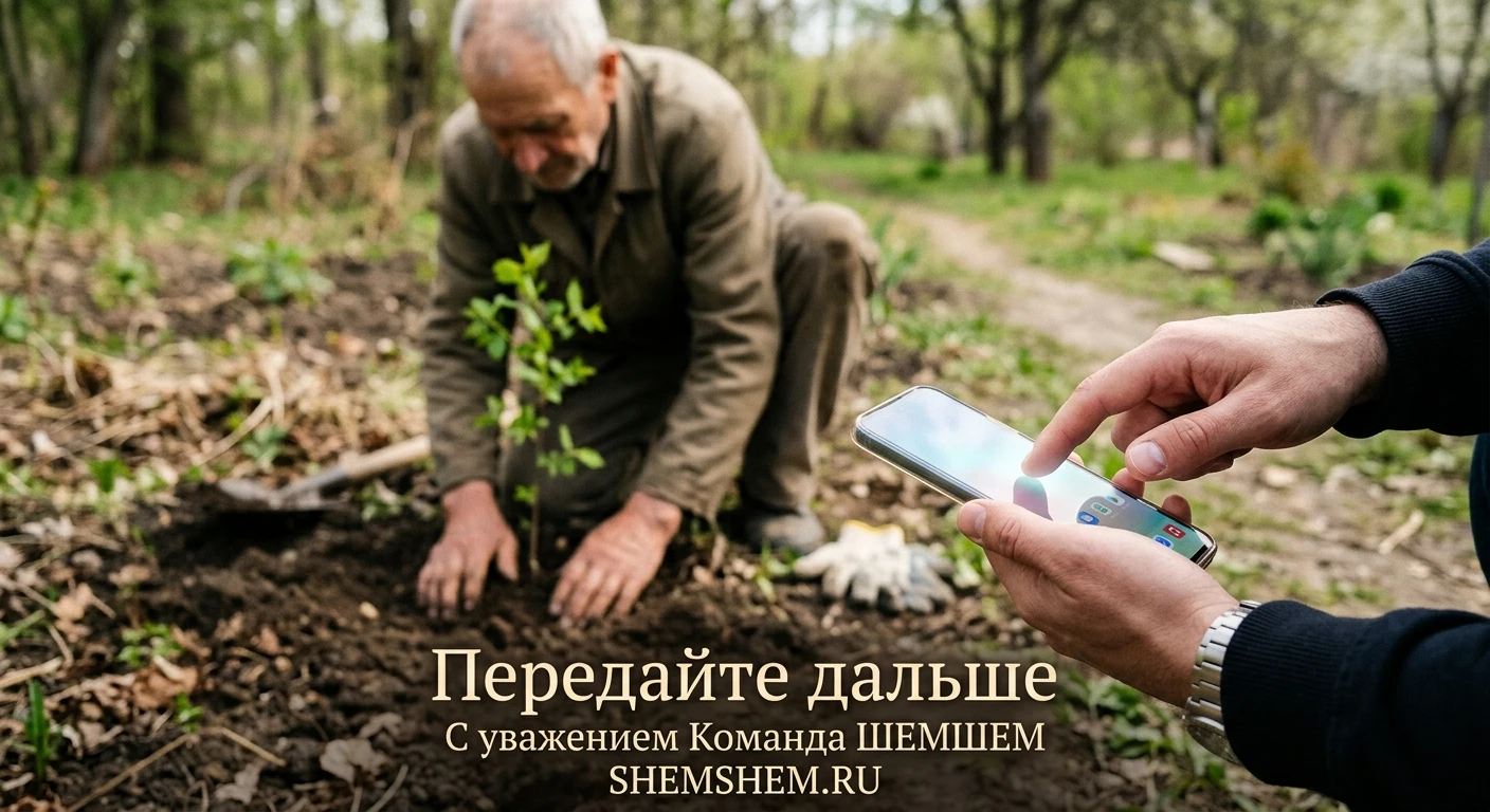 Крупный план пальца над экраном смартфона на фоне размытого силуэта человека, сажающего дерево в землю