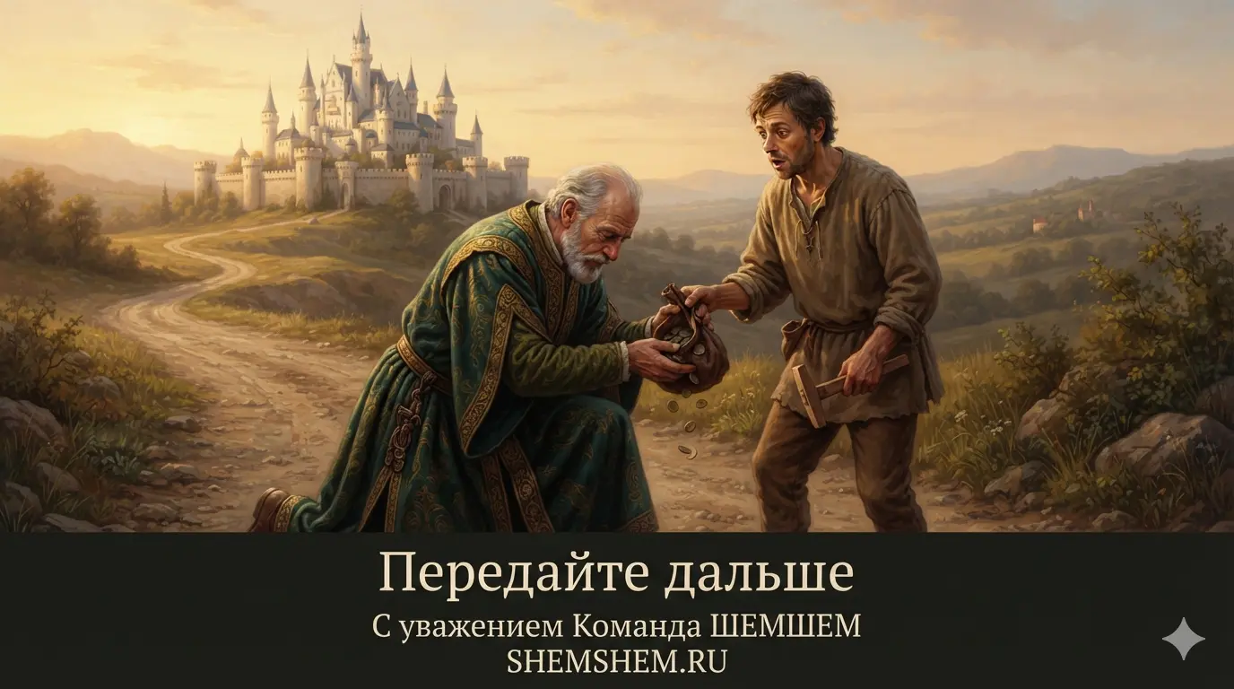 Богатый старик на коленях возвращает долг бедному ремесленнику на фоне величественного белого замка на закате