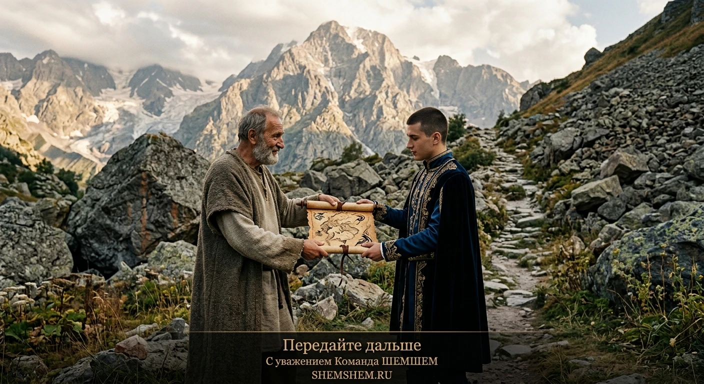 Мудрец передает карту молодому человеку у подножия каменистой горы с крутой тропинкой вверх