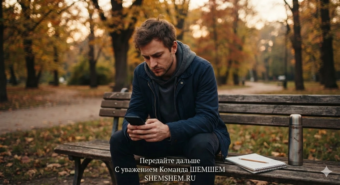 Молодой человек в глубоком раздумье сидит на скамейке в парке после потери денег на бирже криптовалют, иллюстрация к притче на сайте ШЕМШЕМ