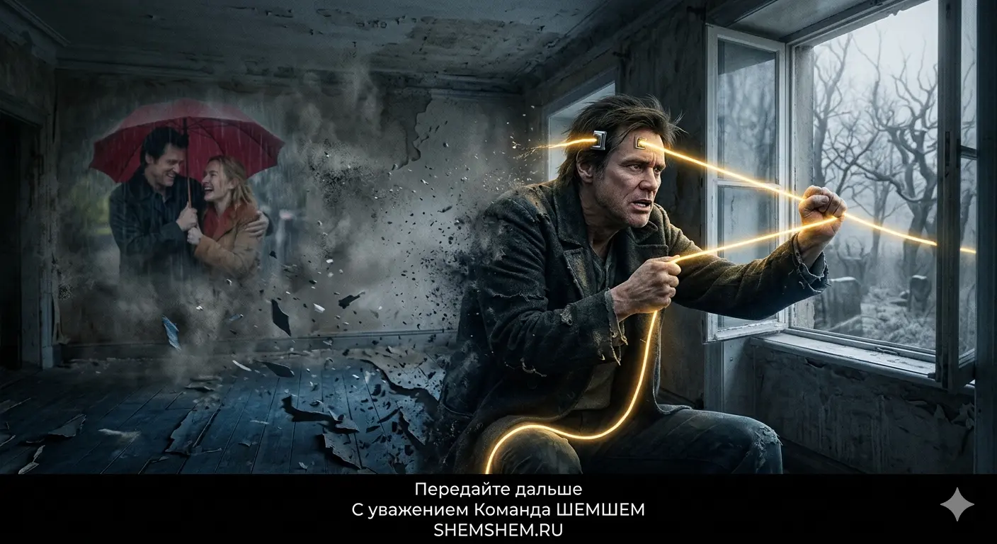 Мужчина удерживает светящуюся нить воспоминаний в растворяющейся комнате