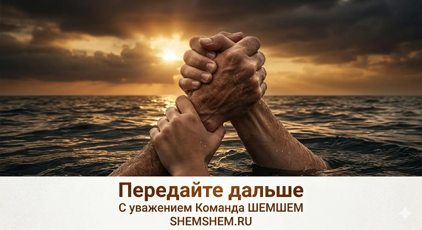 Концептуальный и драматичный рисунок в теплых золотистых тонах: крупные планы мужских и женских рук разного возраста, крепко и надежно сжимающих запястья друг друга посреди неспокойных океанских волн. На заднем плане сквозь тяжелые грозовые тучи пробиваются лучи предрассветного солнца, освещая водную гладь и создавая атмосферу надежды и спасения