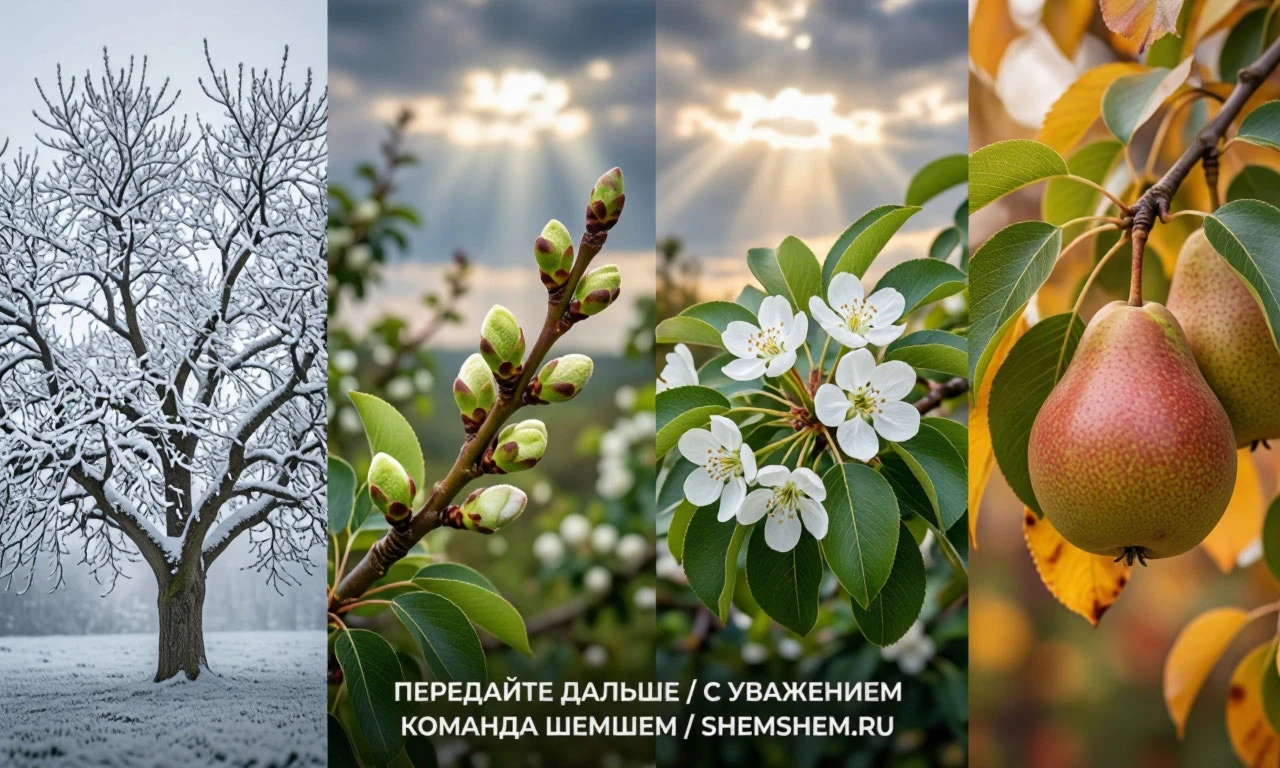 Четыре сезона одного грушевого дерева на одном рисунке: заснеженная зима, цветущая весна, зеленое лето и урожайная осень