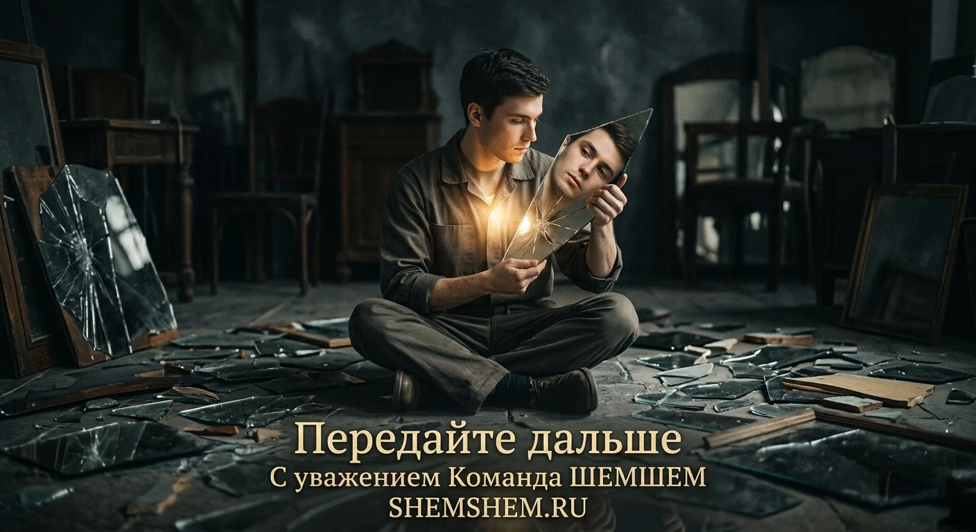 Человек смотрит в осколок разбитого зеркала, из его груди исходит теплое золотое свечение, концептуальная иллюстрация к притче о самопознании и внутреннем свете