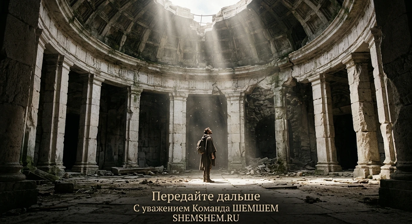 Одинокий странник стоит в центре величественного заброшенного круглого храма, залитого солнечным светом
