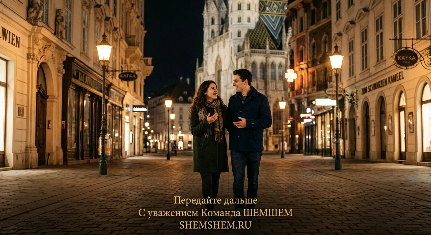 Молодые мужчина и женщина гуляют ночью по пустой европейской улочке при свете теплых фонарей, увлеченно разговаривая и улыбаясь друг другу