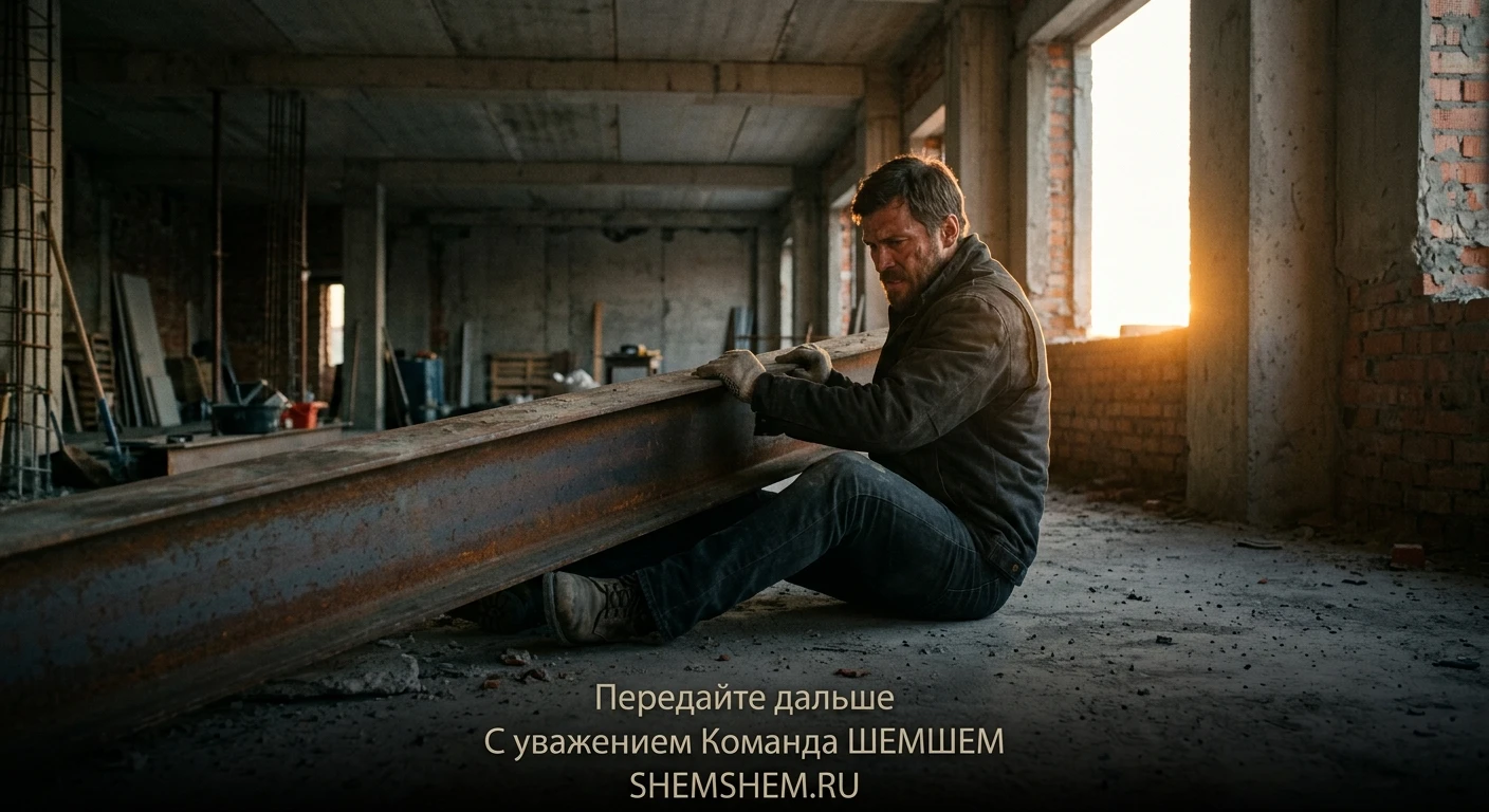Мужчина в недостроенном здании сидит на полу в луче закатного солнца