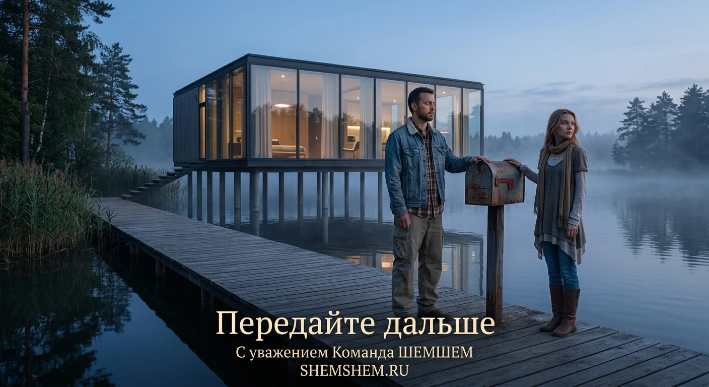Мужчина и женщина с грустью и нежностью прикасаются с двух сторон к старому железному почтовому ящику на пирсе у стеклянного дома на озере
