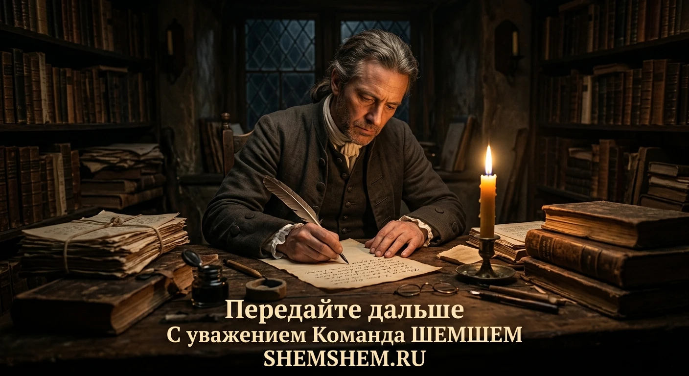 Мужчина-писатель в старинной комнате увлеченно пишет пером при свете свечи, символизируя силу творчества и мотивацию