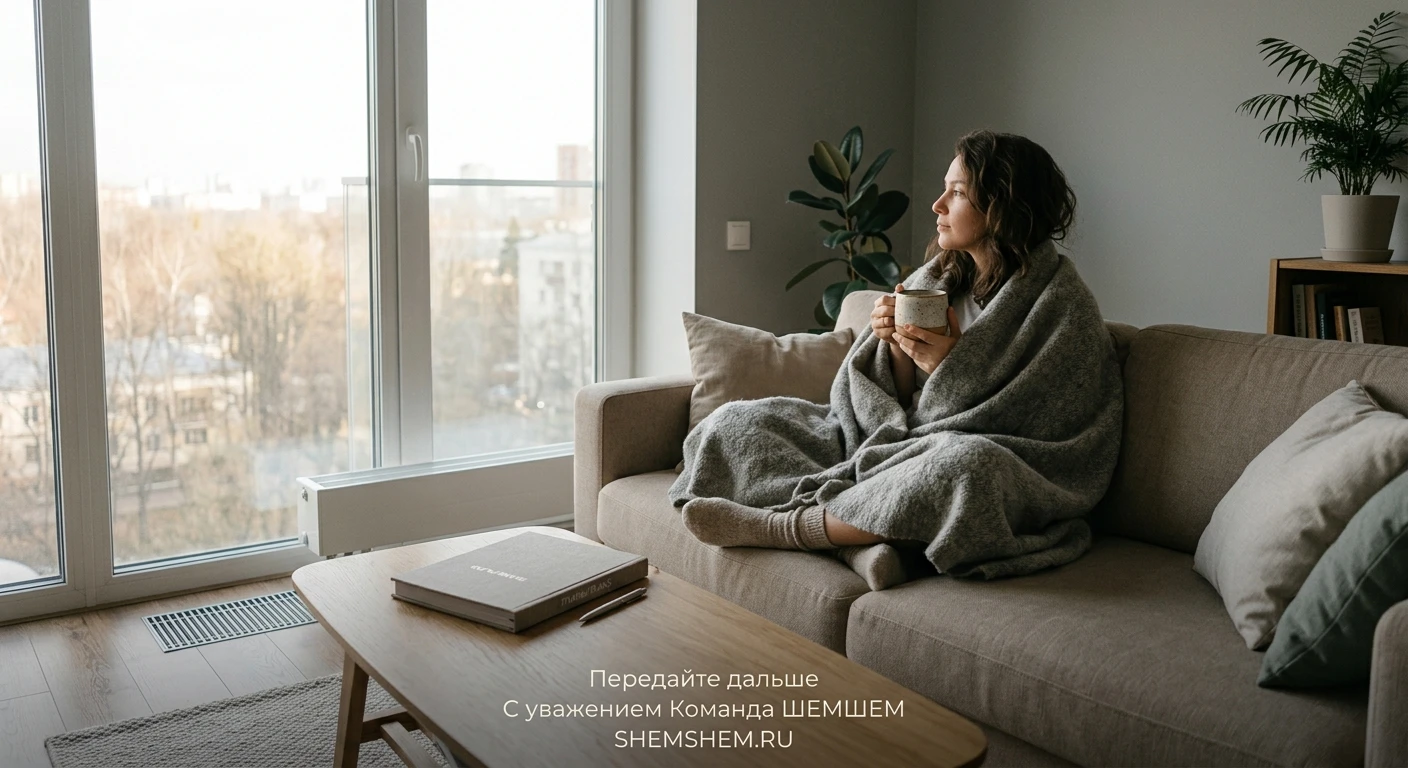 Человек уютно отдыхает на диване у окна в светлой комнате; на столе лежит закрытый блокнот, символизируя долгожданную паузу в делах и полный отдых