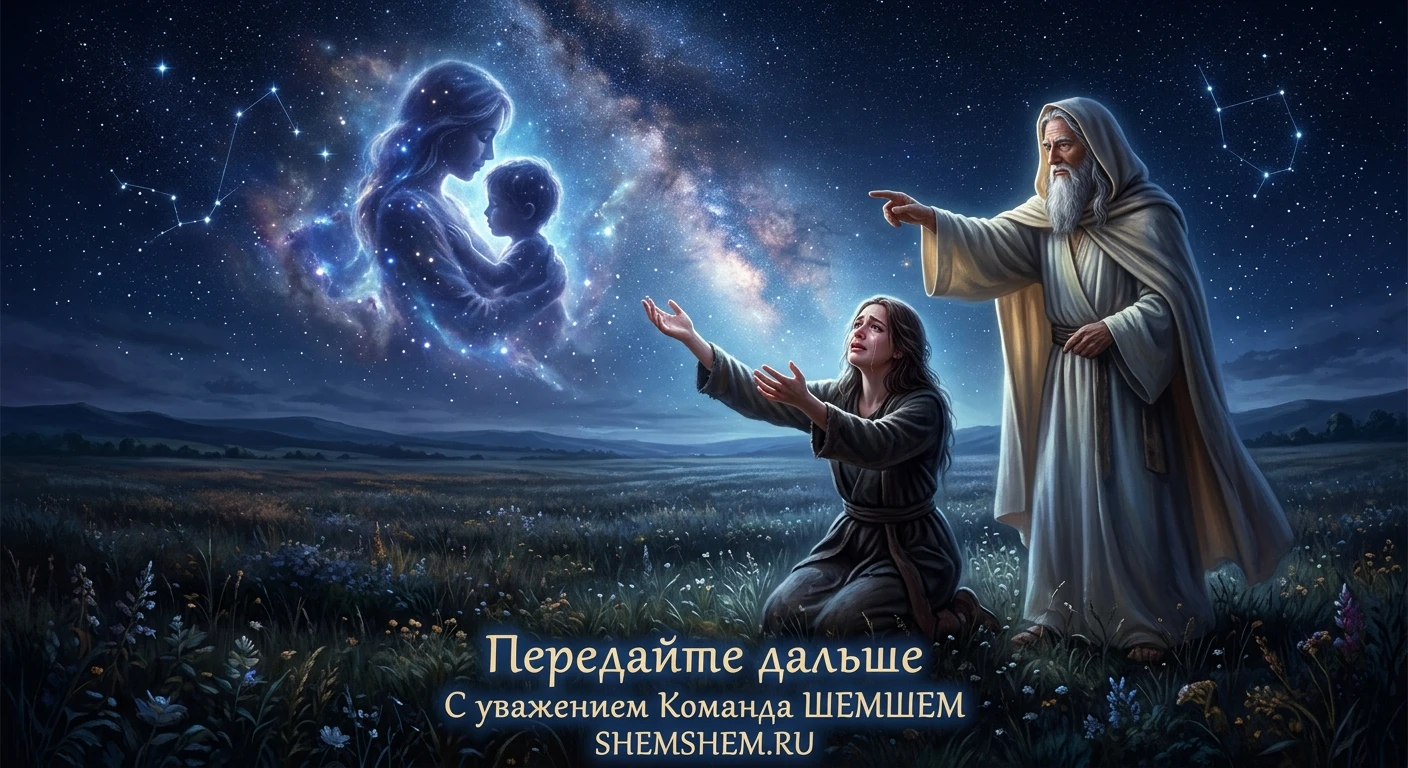 Иллюстрация к притче о силе обещаний: плачущая женщина на коленях под звездным небом и мудрец, указывающий на светящееся созвездие матери и сына
