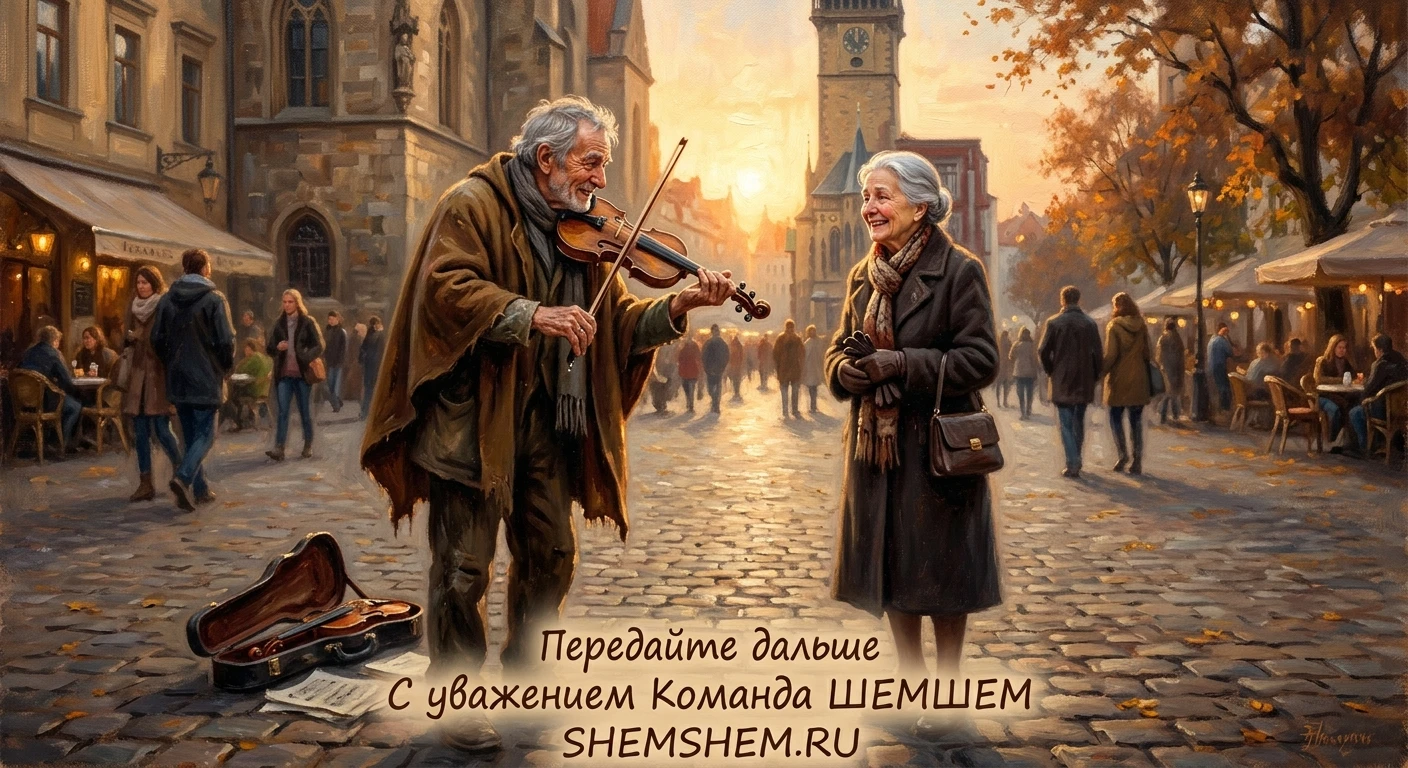 Картина маслом: пожилой седой мужчина играет на скрипке на площади в лучах заходящего солнца перед пожилой женщиной, сцена трогательной встречи после долгой разлуки