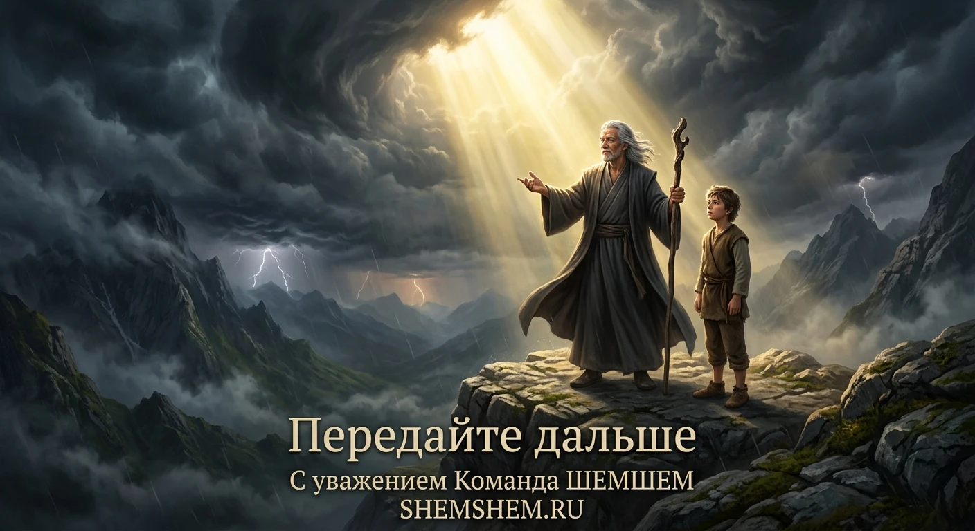 Пожилой учитель и молодой ученик на вершине горы среди грозовых туч, пробиваемых ярким золотым лучом солнца, символизирующим внутренний свет и спокойствие