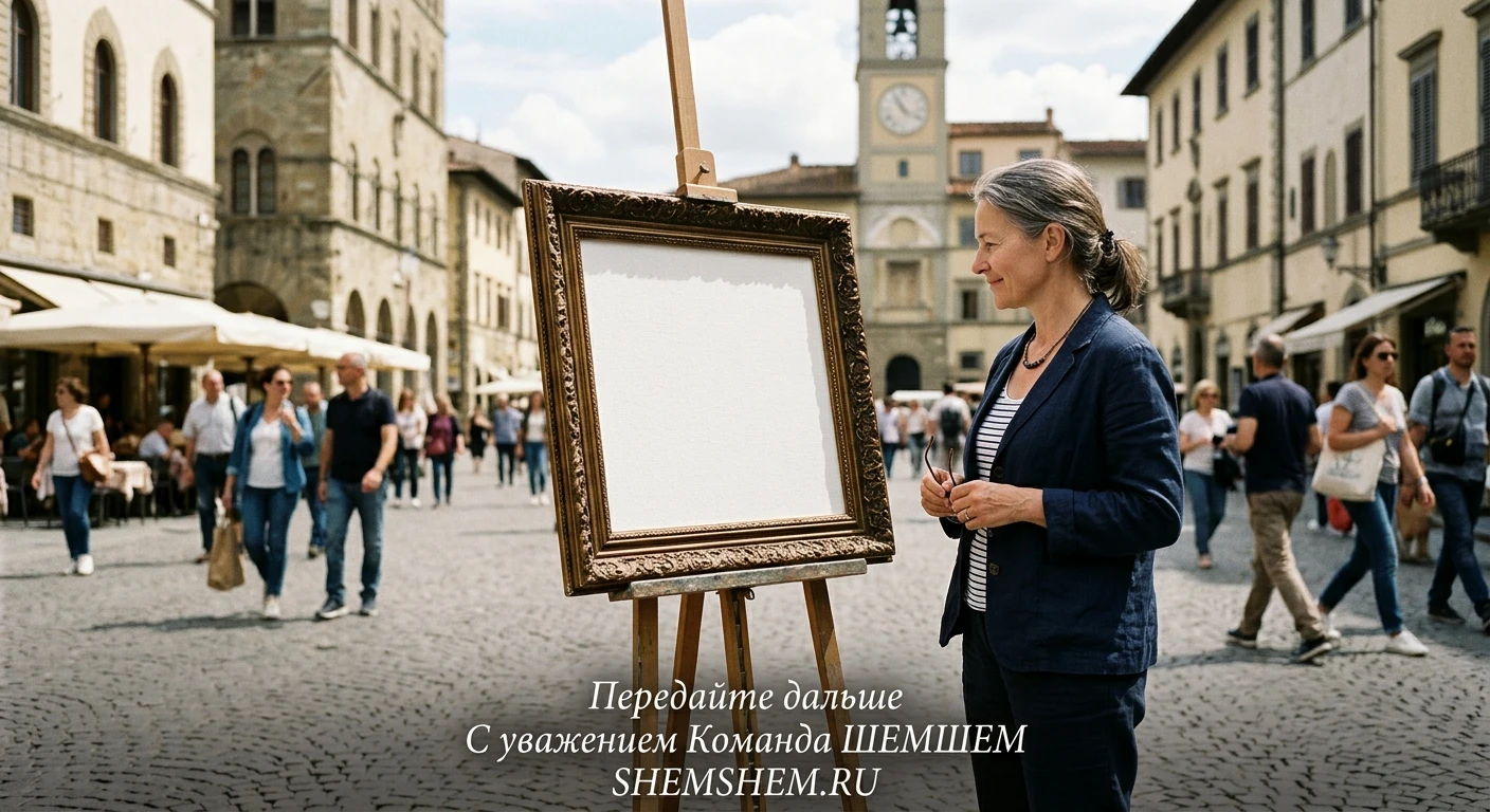 Чистый белый холст в роскошной резной раме стоит на мольберте посреди городской площади перед задумчивым прохожим