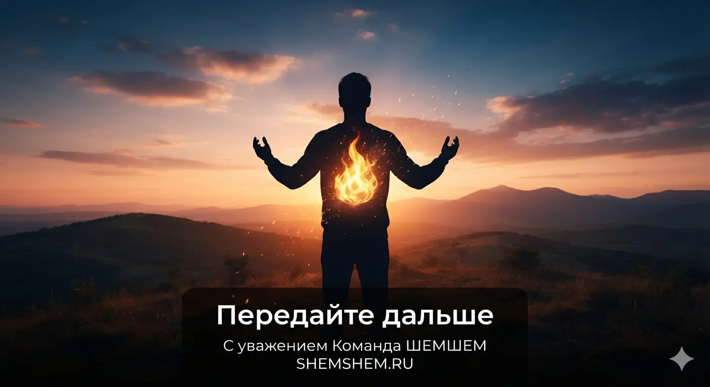 Концептуальное изображение силуэта человека с ярким золотым пламенем внутри груди на фоне вечернего заката, символизирующее стойкость духа и внутреннюю силу