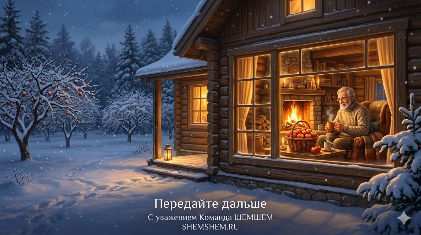 Уютный дом с теплым светом из окон посреди заснеженного зимнего сада. Внутри мужчина у камина наслаждается осенним урожаем яблок