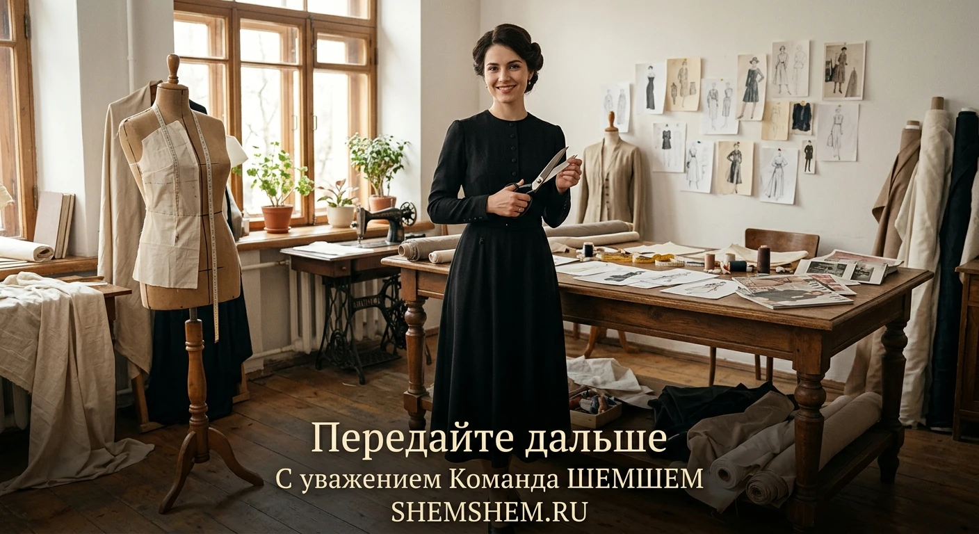 Молодая женщина-модельер в мастерской создает элегантное черное платье, символизирующее успех и мотивацию
