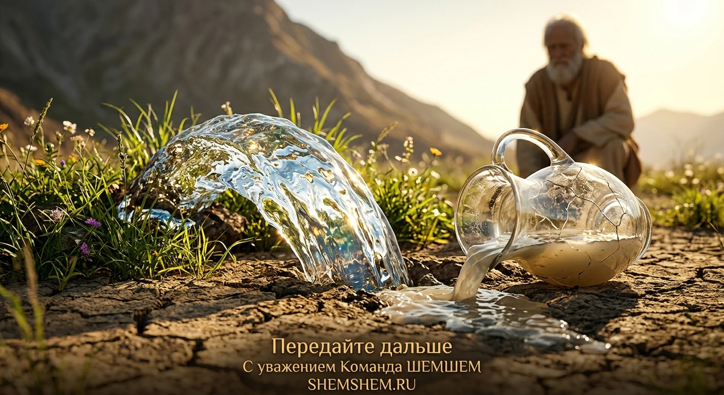 Чистый родник пробивается сквозь сухую землю рядом с треснувшим хрустальным кувшином