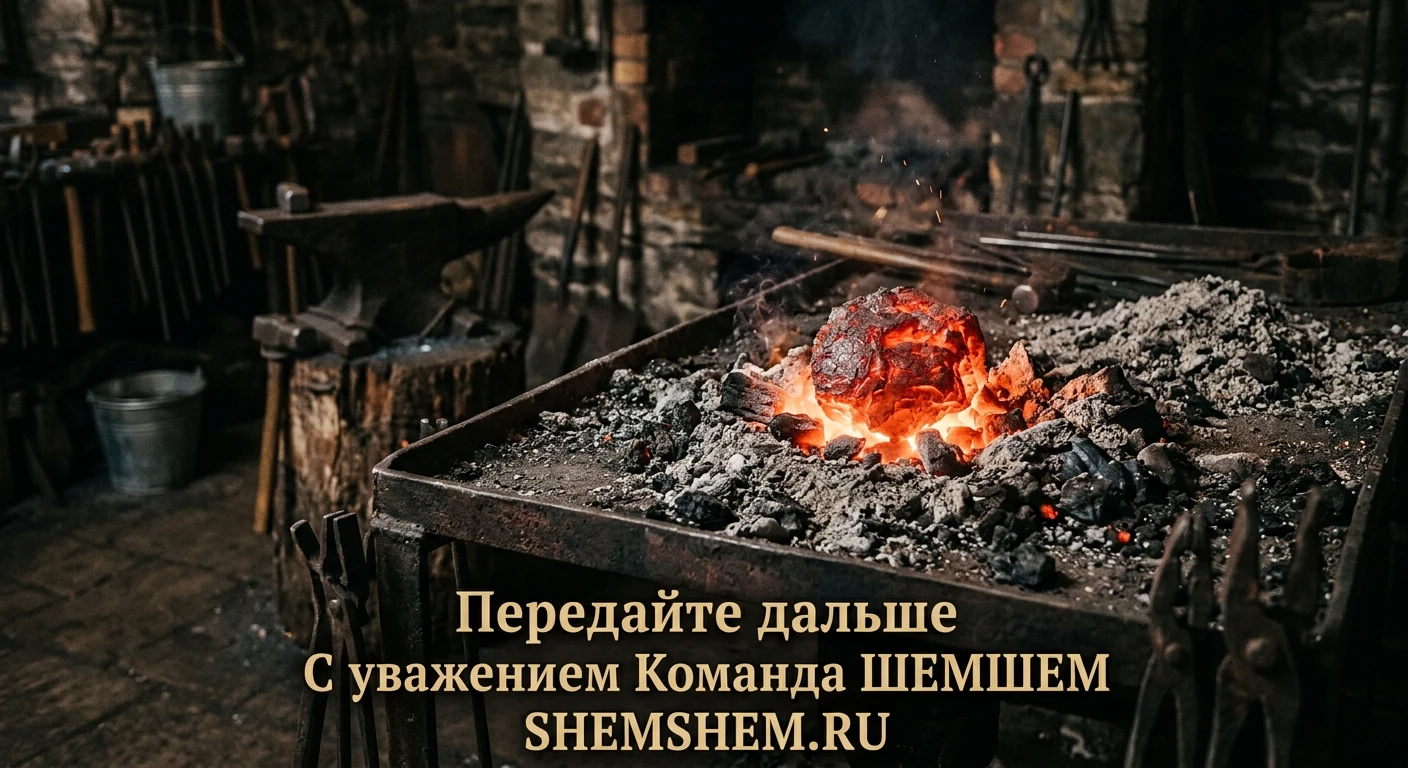 Раскаленный докрасна кусок угля ярко светится глубоким жаром внутри кузнечного горна
